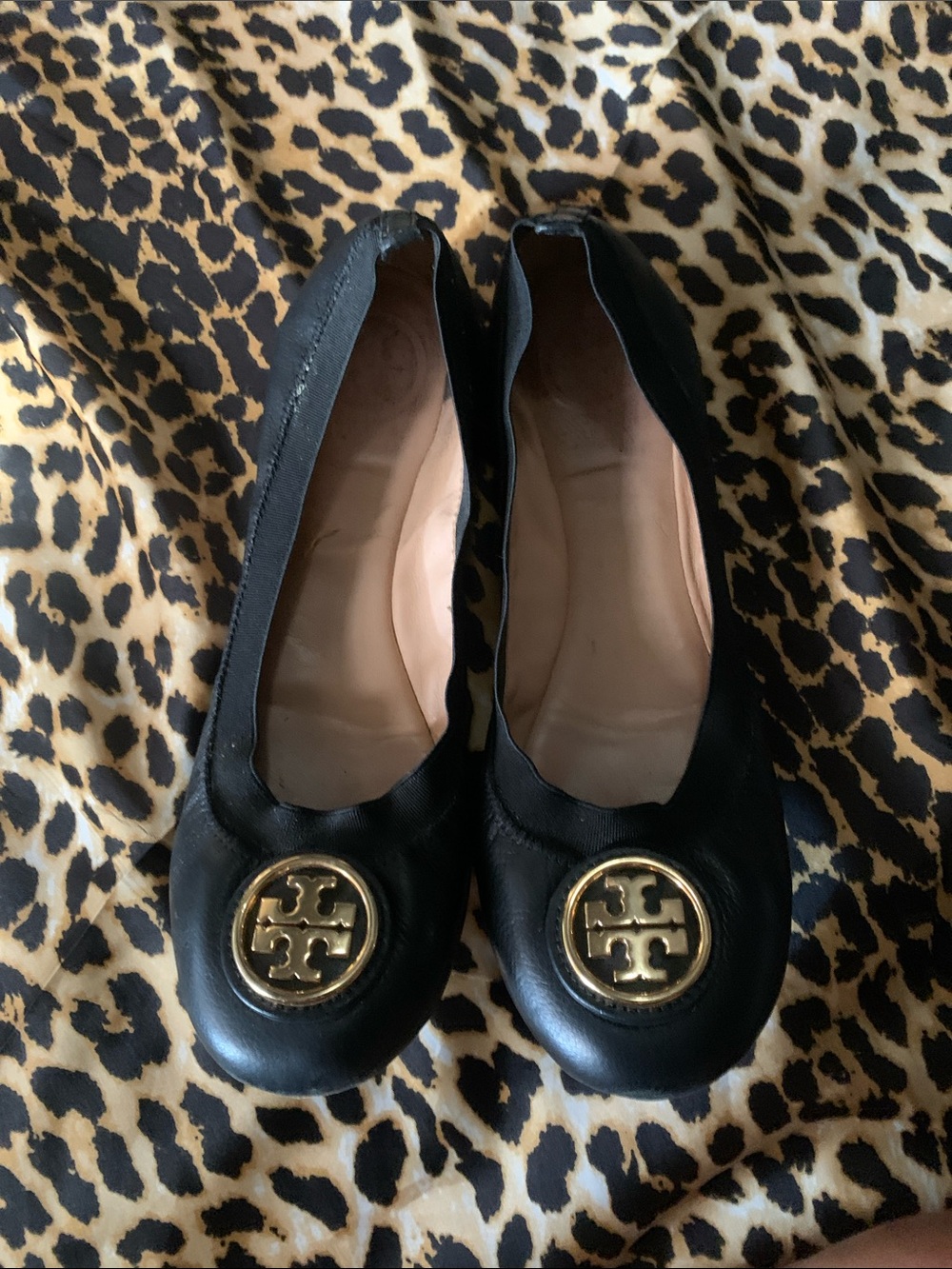 Tory Burch Black Leather Ballet Flats with Gold Logo